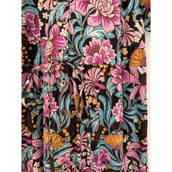 Banjanan Poppy Floral Print Organic Cotton Midi Dress Black Beauty Purple EUC - Picture 6 of 16